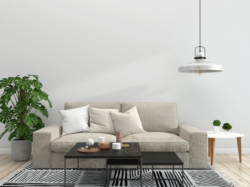 sala de estar com sofá claro, planta e mesa de centro