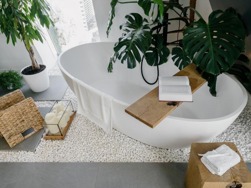 sala de banho com banheira e plantas
