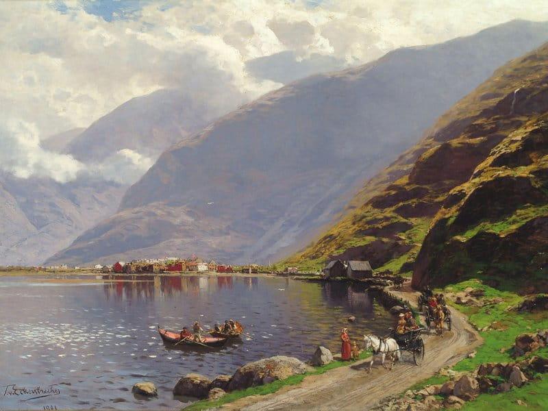 pintura de montanhas, uma trilha com carroças e ao lado um rio com barcos