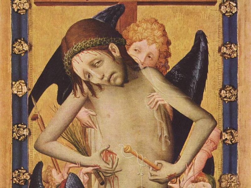 Pintura de arte gótica, anjo segurando Jesus.
