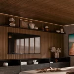 Painel ripado marrom em sala de estar