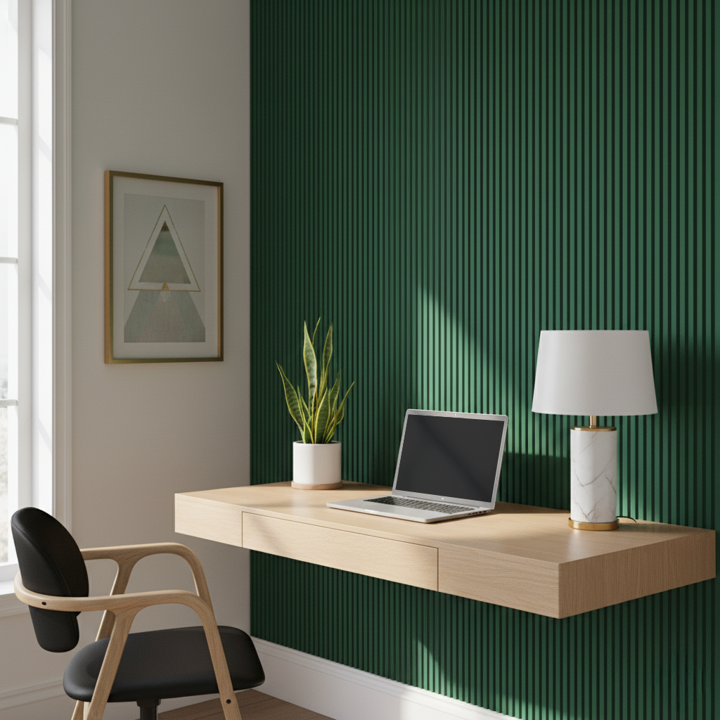 Home office com painel ripado em uma parede de destaque
