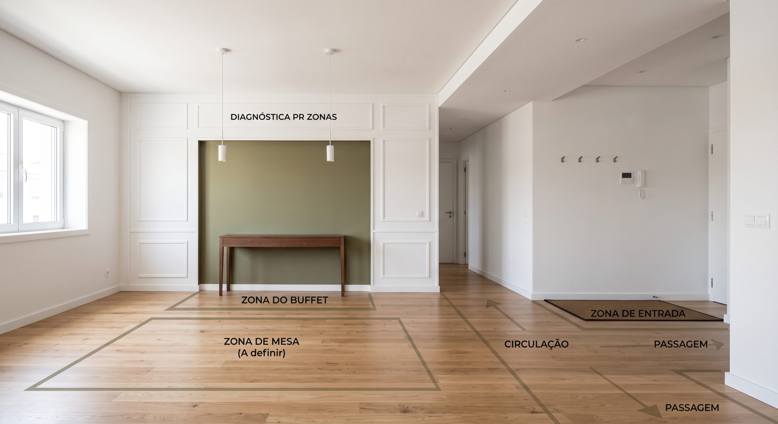 Mapa de zonas para escolher a parede de boiserie na sala de jantar
